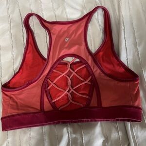 Lululemon Sweaty or Not Bra II in a pink and orange color combination